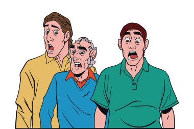 Şok olmuş ve şaşırmış ifadeleri olan üç orta yaşlı adamı gösteren karikatür tarzı vektör çizimi. El çizimi komedi estetiği bir şaşkınlık ya da inanmazlık anı yakalar ve bu illüstrasyonu mizahi ya da editoryal bağlamlar için uygun hale getirir.