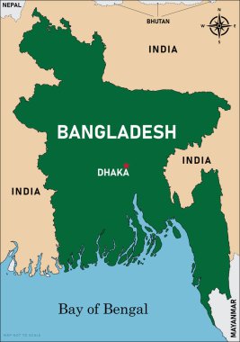 Bangladeş 'in, Dhaka' nın başkenti ve Hindistan, Butan ve Bengal Körfezi de dahil olmak üzere çevre ülkeleri gösteren ayrıntılı bir harita..
