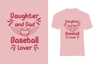 Baba-kız bağını kutlayan beyzbol temalı grafiklere sahip pembe tişört, kanatlar ve spor unsurları.