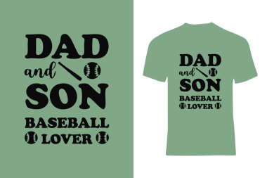 'Baba ve Oğul Beyzbol Aşığı' yazılı yeşil tişört ve beysbol temalı grafikler, baba-oğul bağlarını beyzbola olan ortak sevgiyle ifade etmek için ideal..
