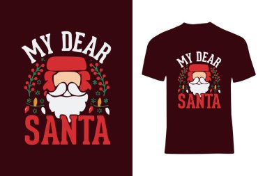 Noel sembolleri ve Noel dekoruyla çevrili neşeli bir Noel Baba illüstrasyonunu sergileyen şenlikli grafik sanatlar. Tatil kıyafetleri ya da mallar için ideal..