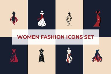 Şık tasarımlar ve şık motiflerle kadın elbiselerini tasvir eden, modern ve klasik kıyafetleri iyi koordine edilmiş renk şemalarıyla temsil eden sekiz zarif moda ikonu koleksiyonu.