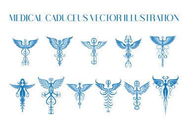 Tıbbi caduceus sembolünün varyasyonlarını içeren stilize edilmiş mavi vektör tasarımları. Sağlık temaları, logolar, markalaşma veya klasik tıbbi amblemlerin sanatsal yorumlarını gerektiren projeler için mükemmel.