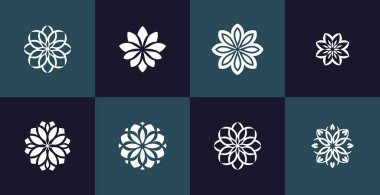 Bir şebekeye yerleştirilmiş bir dizi soyut geometrik çiçek ikonu. Her desen eşsiz çiçek motifleri ve dengeli bir tasarım estetiği içeriyor. Markalaşma, dekorasyon veya grafik tasarım amaçları için ideal.