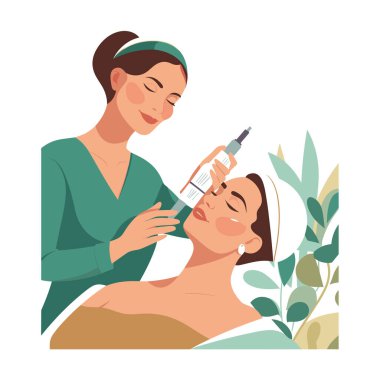 Bir güzellik uzmanının huzurlu bir kaplıca ortamında tedavi uyguladığı profesyonel bir cilt bakımı. Canlı yeşil yapraklar sükuneti arttırır, rahatlatıcı ve canlandırıcı bir çevre sağlar..