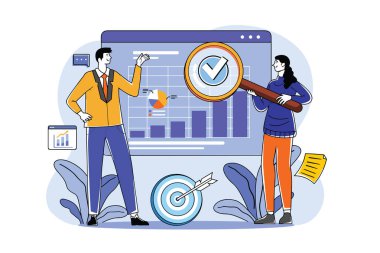 İki profesyonelin bir çizelgede iş verilerini analiz ettiği bir resim. Büyüteç, hedef ve grafikler, kurumsal bir ortamda takım çalışması, strateji ve sorun çözme konularını vurgular.