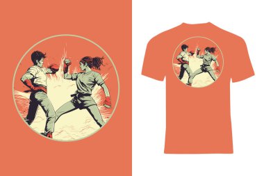 Dövüş sanatlarında dövüşen iki kadının görüntüsü. Canlı turuncu arkaplan, grafikte tasvir edilen ve şık bir giysi motifi olarak tasarlanan aksiyon dolu karşıtlığı tamamlar.