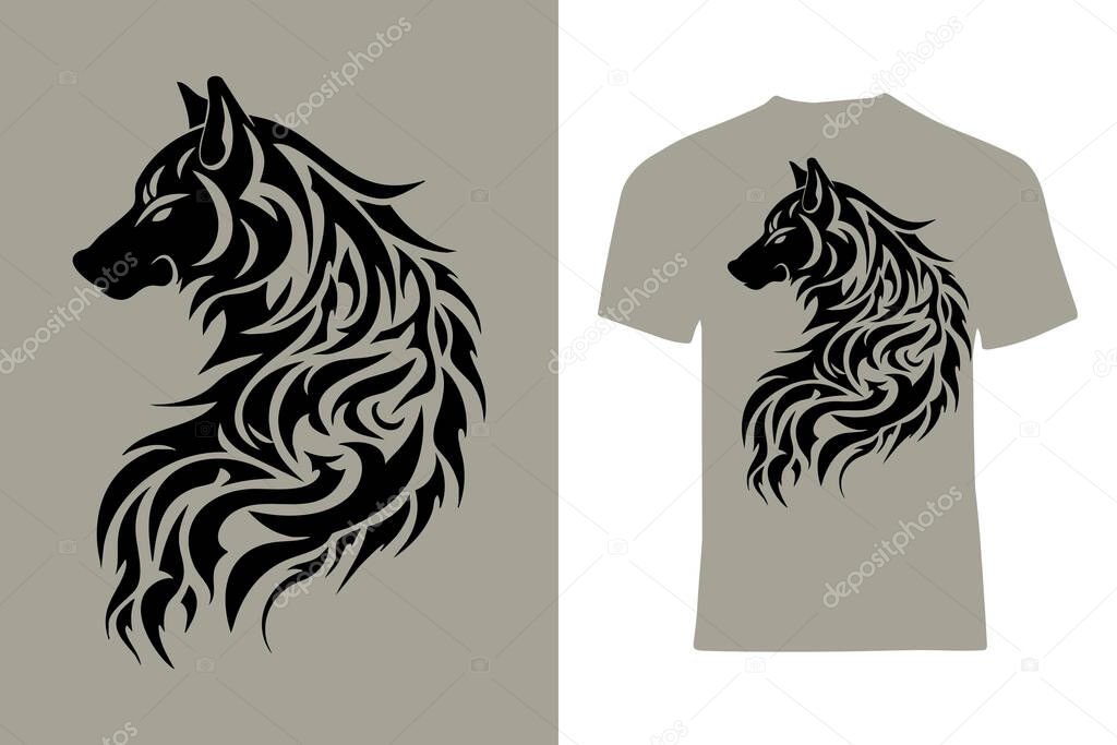 Artistic illustration of a majestic wolf's head with intricate patterns, displayed on a grey t-shirt for stylish apparel.