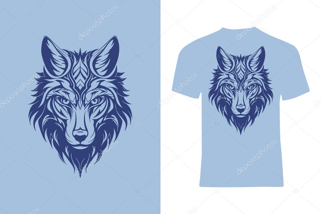 Artistic illustration of a majestic wolf's head with intricate patterns, displayed on a blue t-shirt for stylish apparel.