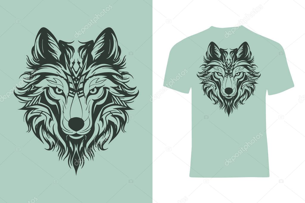 Artistic illustration of a majestic wolf's head with intricate patterns, displayed on a light green t-shirt for stylish apparel.