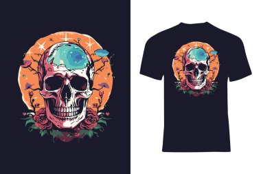 Çiçek aksanları ve kozmik elementlerin yer aldığı canlı ve sanatsal kafatası tasviri, zıt bir koyu arkaplan üzerine kuruludur. Canlı tasarımlar, posterler ya da dijital sanat eserleri için mükemmel..