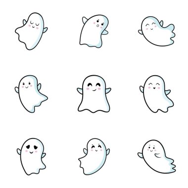 Çeşitli duygu ve eylemleri ifade eden büyüleyici hayalet karakterlerin vektör çizimi, Cadılar Bayramı için ideal, temalı dekorasyonlar ve yaratıcı grafik projeler.