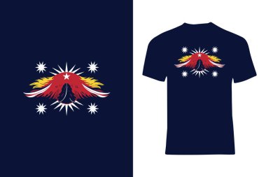 Donanma mavisi bir tişörtte yıldız patlaması elementleri olan kendine özgü canlı bir amblem. Kültürel özünü ve moda ve tasarımda yaratıcı ifadesini sergiliyor. Sanatsal ve şık giyim meraklıları için mükemmel.