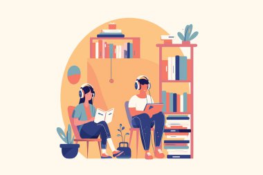 Kulaklık takan iki öğrenci rahat bir kütüphanede birlikte okuyor ve ders çalışıyorlar..