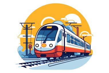 Güneşli bir gökyüzünün altında doğal bir arazide giden bir trenin renkli dijital çizimi.