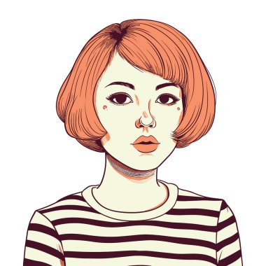 Kısa kızıl saçlı ve çizgili tişörtlü bir kadının stilize bir tasviri. Cesur çizgileri vurgulayan modern, sanatsal bir tasvir ve minimalist bir renk paleti yakalar.