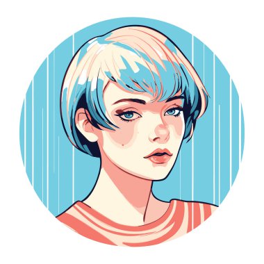 Kısa saçlı, yoğun ifadeli ve canlı renkleri olan bir kadının zarif dijital çizimleri. Şık ve modaya uygun, bu tasvir modern estetik için cesur ana hatları ve yumuşak detayları birleştirir..