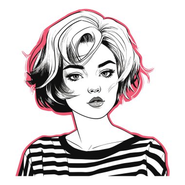 Kısa saçlı, cesur hatları ve dinamik gölgesi olan bir kadının siyah beyaz çizimleri. Kadın şık bir şekilde çizgili bir bluz giyiyor, çağdaş sanatsal bir yetenek yayıyor..