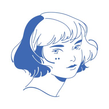 Bir kadının yüzünün zarif bir minimalist çizgisi. Detaylı özellikleri ve kısa saçları sergileniyor. Mavi monokromatik stil basitliği, güzelliği ve karmaşıklığı illüstrasyon şeklinde aktarır..