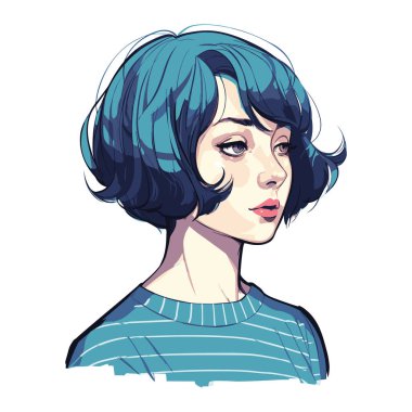 Katmanlı, mavi saçlı, çizgili tişörtlü, minimalist sanatsal tarzda bir kadını gösteren dijital sanat eserleri.