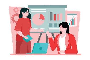 İki takım üyesi proje verilerini grafik ve dizüstü bilgisayarla tartışıyor. Modern bir ofis ortamında takım çalışması, iş birliği ve verimli iş yeri etkileşimlerini temsil eder.