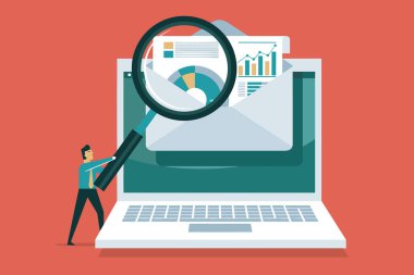 Bir dizüstü bilgisayardaki e-postalarla verileri analiz eden bir iş senaryosu tasvir ediliyor, konsept odaklı rapor kontrolüne odaklanıyor.