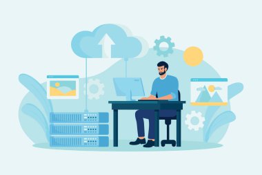Temiz bir çalışma alanında sunucu yönetimi ve veri işleme ile uğraşan, bulut teknolojisine odaklı bir profesyonelin temsili.