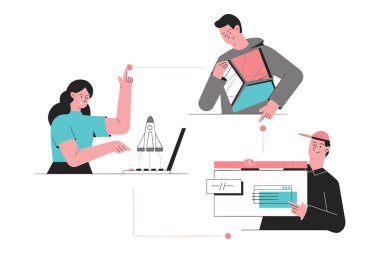 Teknoloji ve işbirliği çabaları yoluyla takım çalışmalarını ve yenilikçi süreçleri tasvir eden yaratıcı illüstrasyon, bilim ve teknoloji tabanlı projelerde yaratıcılık, öğrenme ve gelişmeleri vurguluyor.