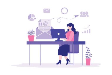 Modern bir çalışma ortamında masa başında çalışan profesyonel bir kadının tasviri, çizelgeler ve zarflar gibi ofis görselleriyle çevrili, organize kurumsal ve idari görevleri gösteren.