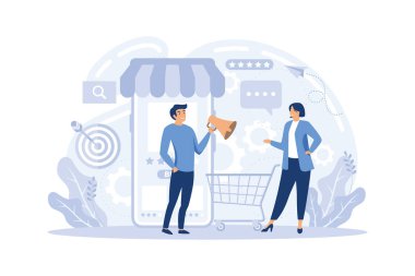 Girişimciler ve profesyoneller arasında dijital alanlarda iletişim, alışveriş ve pazarlama da dahil olmak üzere çevrimiçi iş kavramlarını gösteren yaratıcı sanat eserleri.