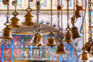 Altın çanlar zarif bir şekilde asılıyor, geleneksel Hint sanatının renkli bir zeminine karşı sakin bir ortam sağlıyor, maneviyat ve kültür mirasını çağrıştırıyor..