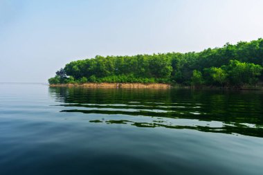 Kıyı boyunca uzanan yoğun yeşil ağaçlarla dolu huzurlu bir nehir ve parlak bir gökyüzünün altında temiz bir yansıma, sükunet ve doğal güzellik sergiliyor..