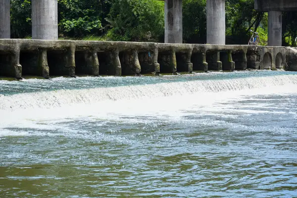 Bereketli yeşilliklerle çevrili, beton bir yapının üzerinden akan sakin ve istikrarlı su, doğanın mühendislik yapılarıyla olan etkileşiminin güzelliğini gözler önüne seriyor, çevresel veya endüstriyel kavramlar için mükemmel..