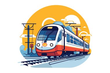 Güneşli bir gökyüzünün altında doğal bir arazide giden bir trenin renkli dijital çizimi.