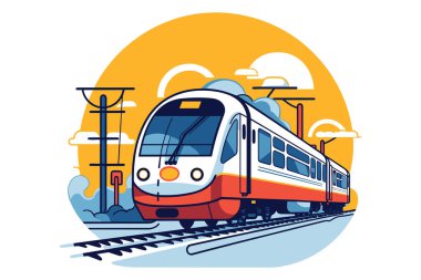 Güneşli bir gökyüzünün altında doğal bir arazide giden bir trenin renkli dijital çizimi.