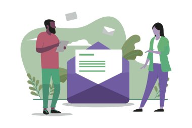 Büyük çaplı bir posta simgesinin yakınındaki iletişimde iki figürün yer alması, takım çalışmasını, işbirliği ve modern yazışma kavramlarını sembolize ediyor.