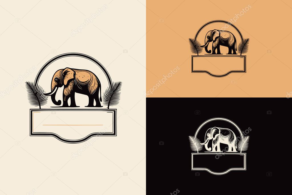Showcasing an elegant vintage logo featuring an elephant surrounded by palm leaves, rendered in warm earthy tones and bold contrasting designs for a classic and timeless aesthetic.