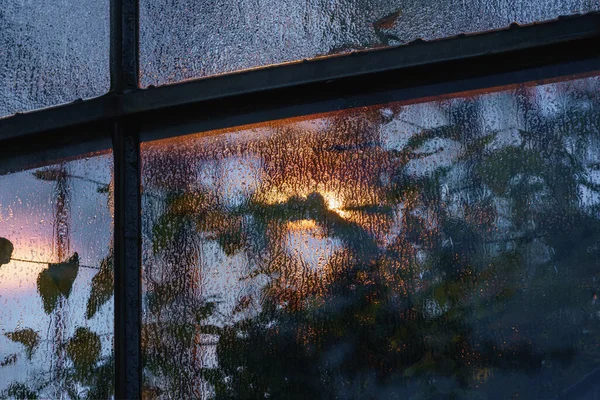 Abstrakter Hintergrund Alter Backsteinmauer Licht Glashaus Abend Von Außen — Stockfoto
