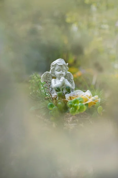 Closeup Shot Beautiful White Flower Small Angel Figure Sitting Flowers — Stock Photo, Image