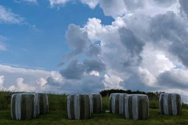 Прекрасный Вид Небо Тюки Завязанные Лугу Хорошие Погодные Облака После — стоковое фото