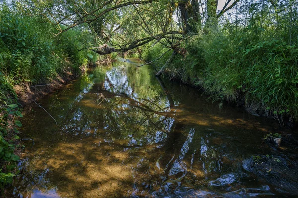 川は小さな川の流れに反映されています Lahnaue Marburg — ストック写真