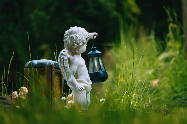 Маленький Ангел Лампой Руке Зеленый Луг Парк Марбах Лан — стоковое фото