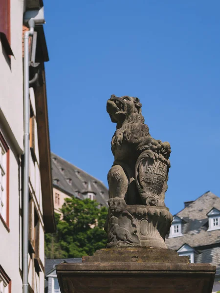 Marburg Der Lahn Halvtimrad Övre Stad Stenstaty Ett Lejon — Stockfoto