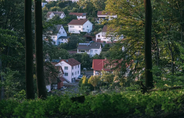 Sabahın Ilk Işıklarıyla Marburg Ormanı Manzaralı Vadi Yerel Evler — Stok fotoğraf