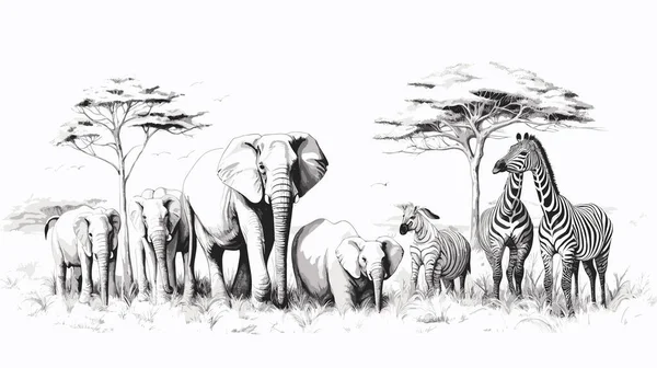 safari animals, black and white sketch vector illustration