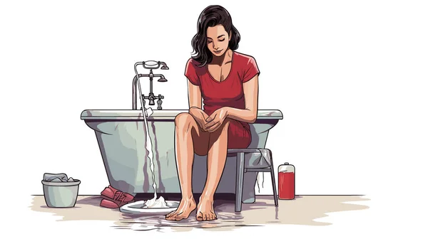 people woman washing feet drying doodle sty vector illustration