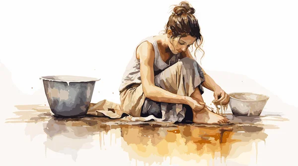 people woman washing feet drying watercolor vector illustration