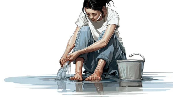 people woman washing feet drying graphic vector illustration