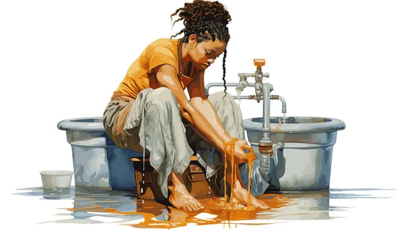 people woman washing feet drying funk art vector illustration