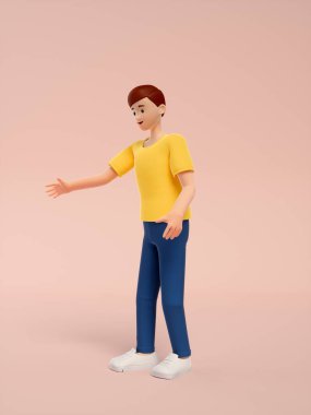 Pembe arka planda sırt çantalı genç bir kadının 3D görüntüsü.